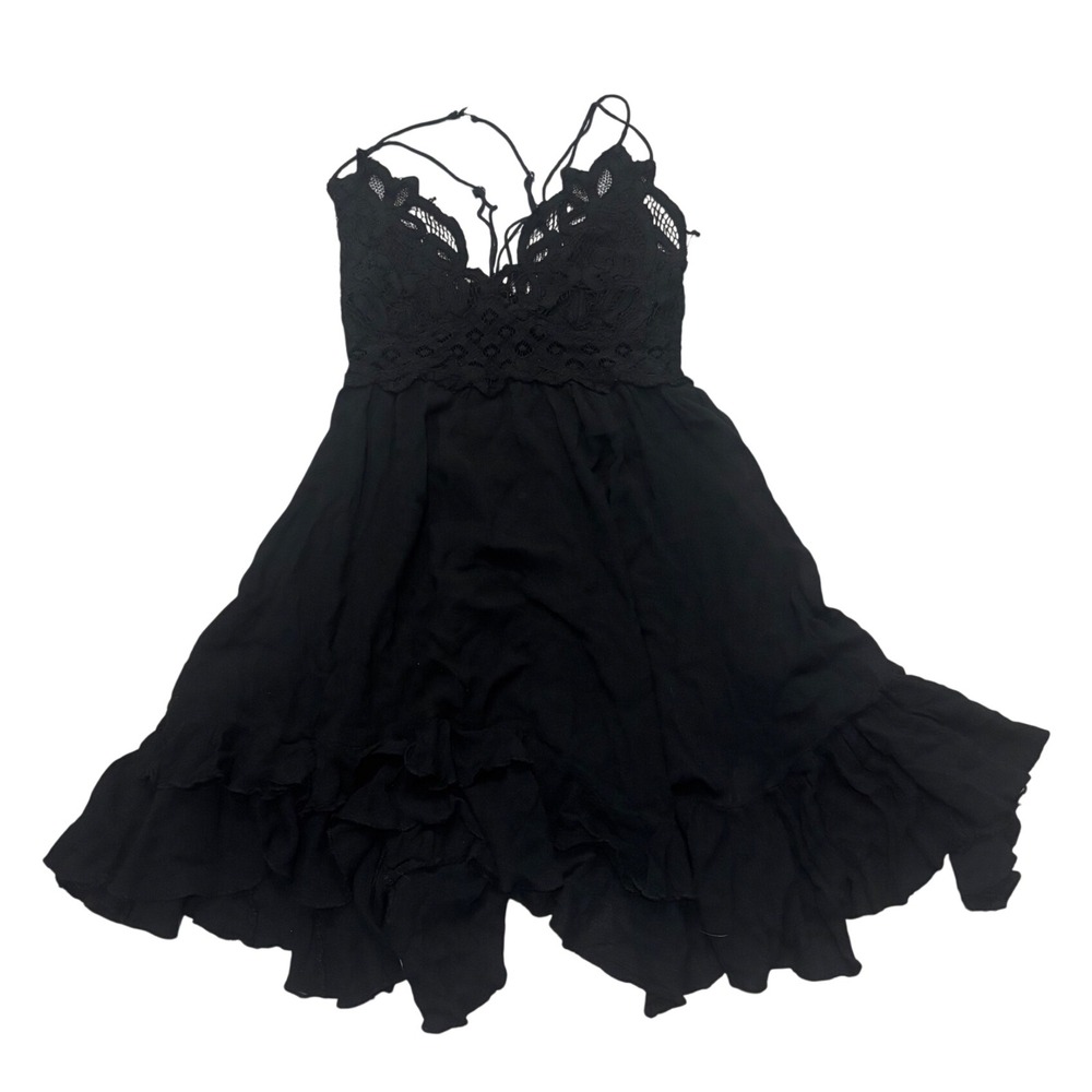 FP One Free People Black Lace Crochet Ruffle Mini Dress Strappy Back Smocked XS